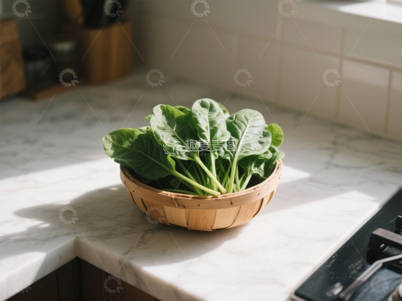 高清大图下载【趣麦麦图】厨房台面上的绿叶蔬菜篮