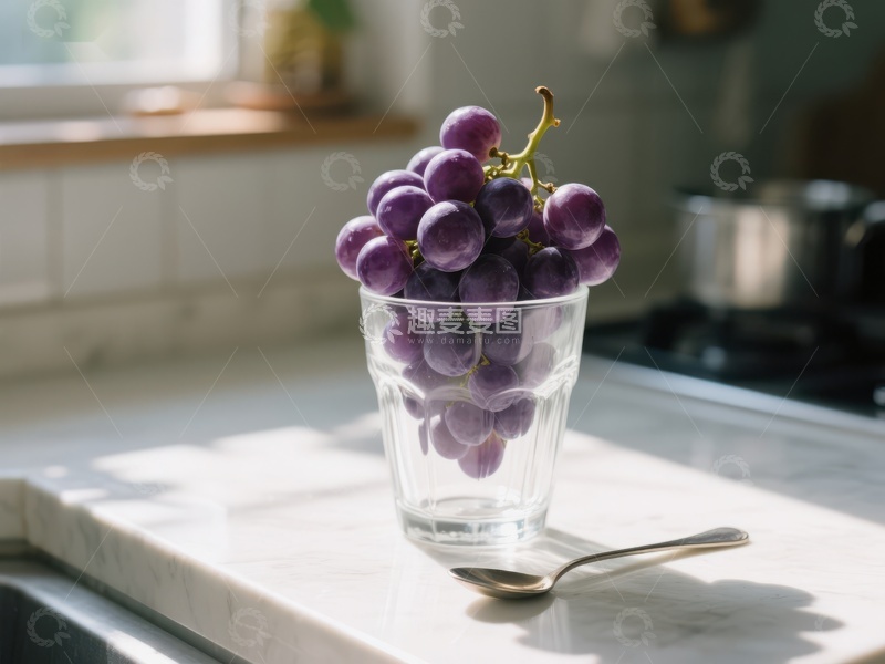 高清大图下载【趣麦麦图】玻璃杯中的葡萄与厨房背景