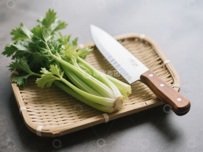 高清大图下载【趣麦麦图】-芹菜与刀置于竹篮