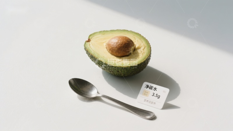 高清大图下载【趣麦麦图】半个牛油果与勺子及标签的静物组合