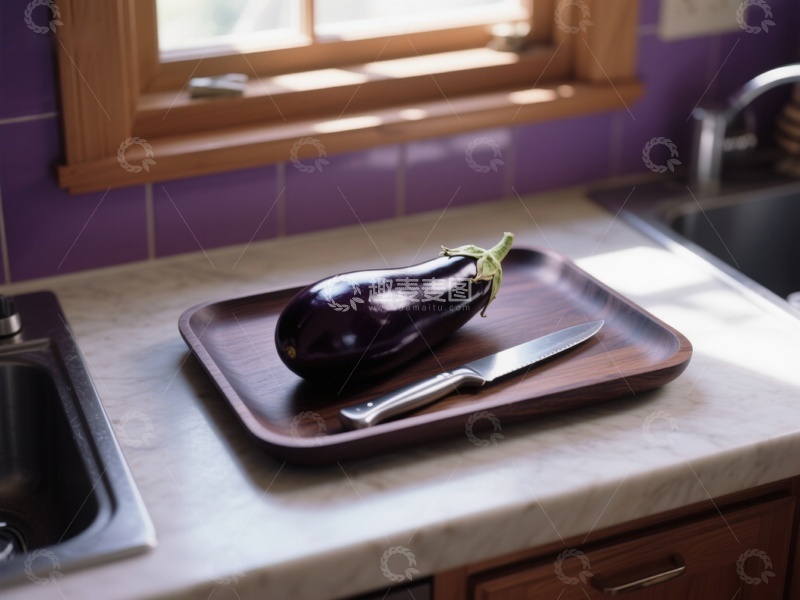 高清大图下载【趣麦麦图】厨房台面上的茄子与刀具
