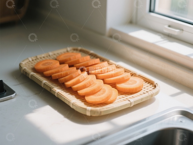 高清大图下载【趣麦麦图】竹篮中整齐排列的胡萝卜片