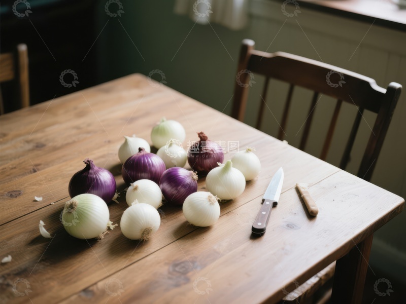 高清大图下载【趣麦麦图】木桌上的洋葱与刀具