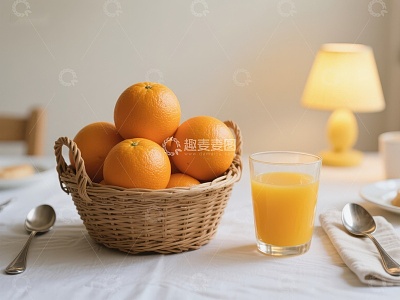 橙子篮与鲜榨果汁的温馨早餐