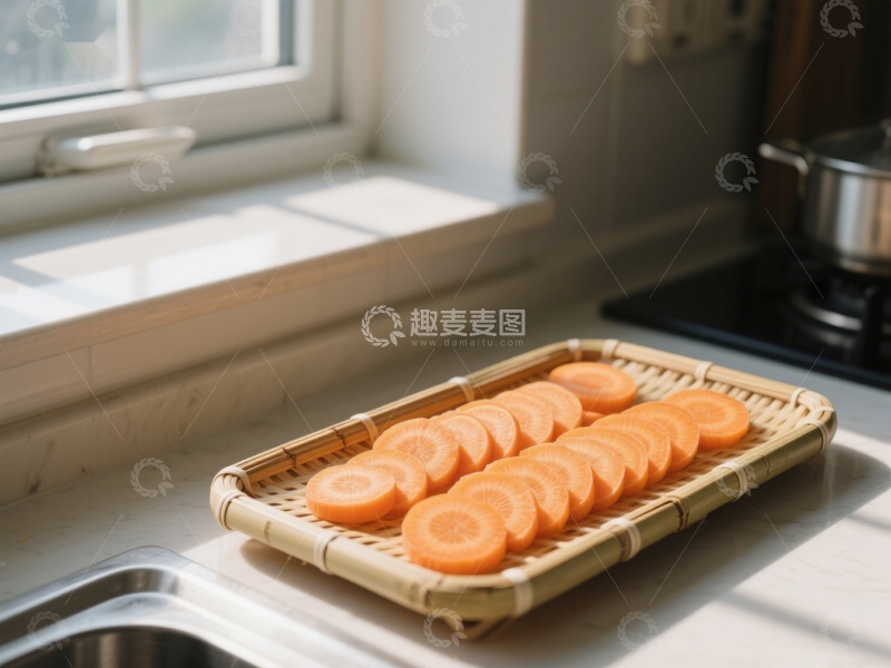 高清大图下载【趣麦麦图】窗边竹盘上的切片胡萝卜