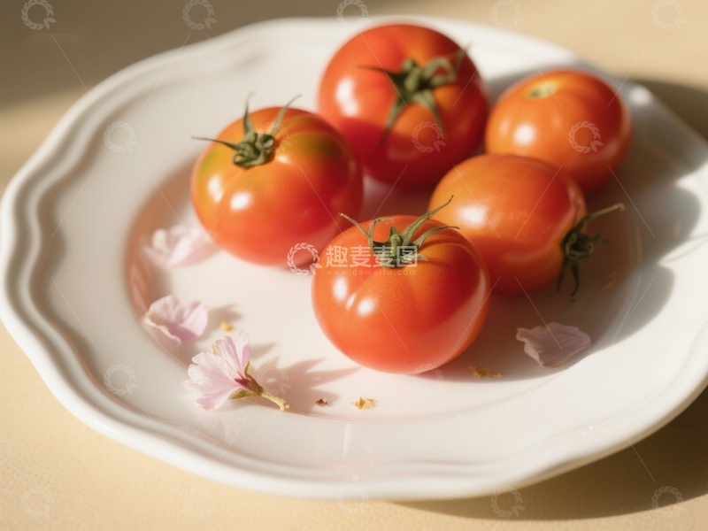 高清大图下载【趣麦麦图】盘中新鲜番茄与花瓣