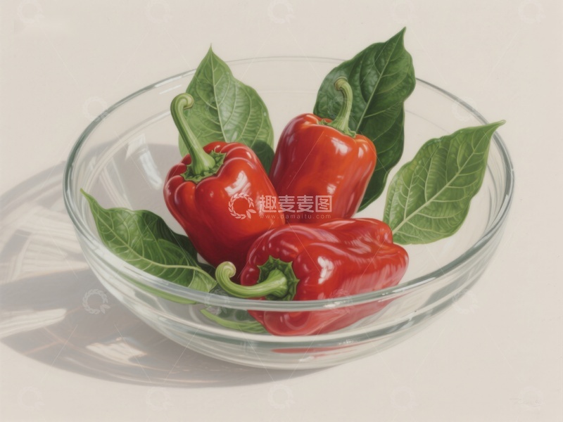 高清大图下载【趣麦麦图】玻璃碗中的红辣椒与绿叶
