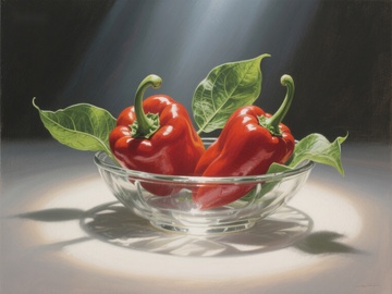 玻璃碗中的红辣椒与绿叶