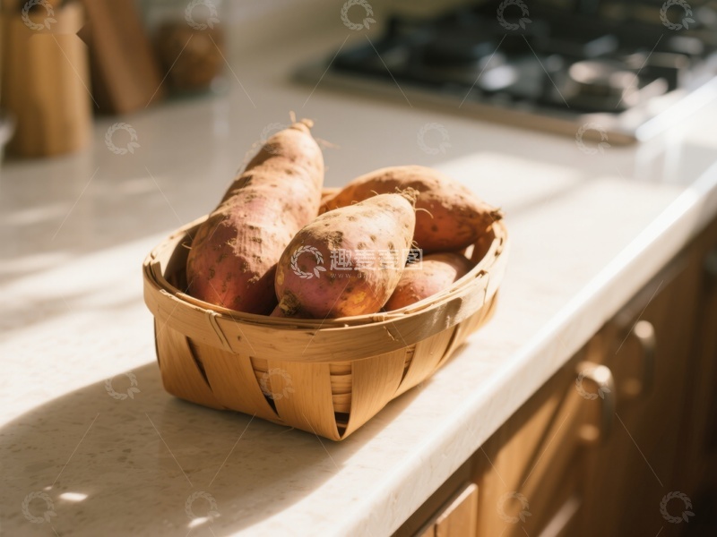 高清大图下载【趣麦麦图】篮子里的红薯置于厨房台面