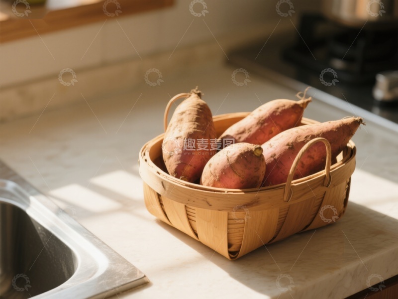 高清大图下载【趣麦麦图】篮子里的红薯置于厨房台面
