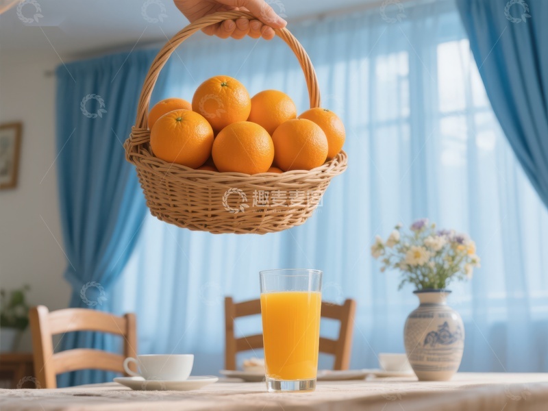 高清大图下载【趣麦麦图】篮子装满橙子，桌上一杯橙汁