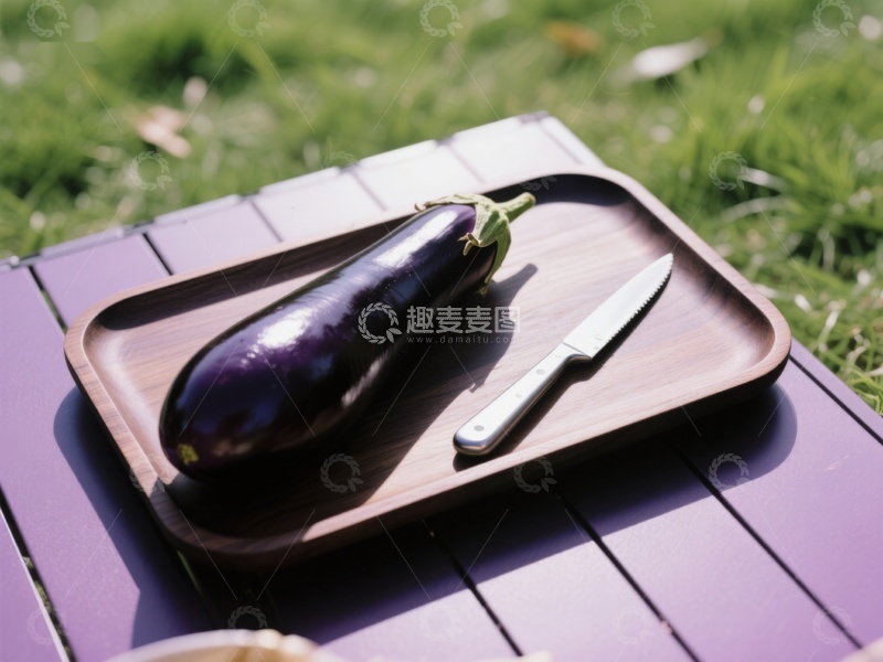 高清大图下载【趣麦麦图】紫茄与刀置于木盘之上