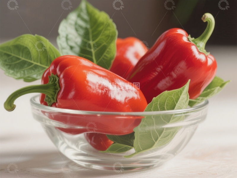 高清大图下载【趣麦麦图】红椒绿叶置于透明碗中