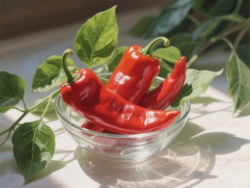 玻璃碗中的红辣椒与绿叶
