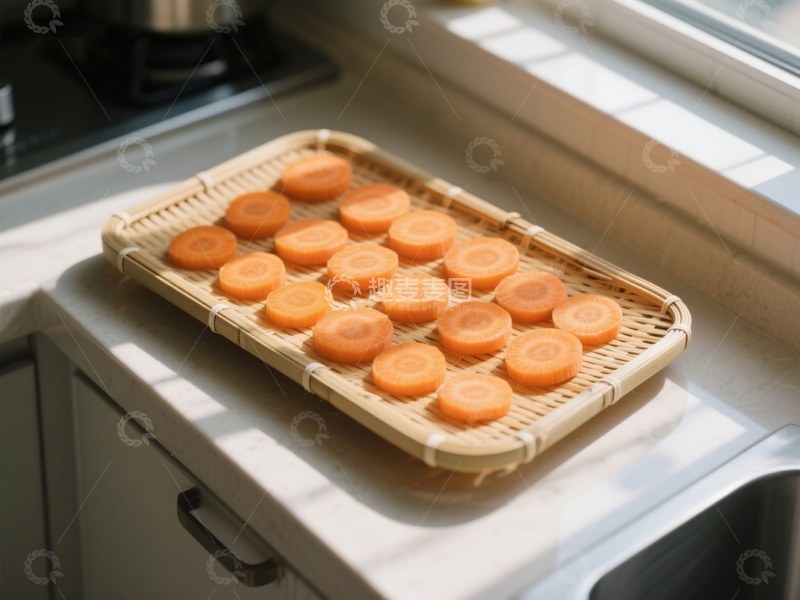 高清大图下载【趣麦麦图】竹篮中的胡萝卜片在阳光下晾晒