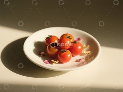 阳光下的樱桃番茄与花瓣