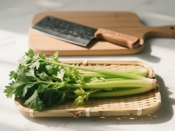 新鲜芹菜与砧板上的刀具