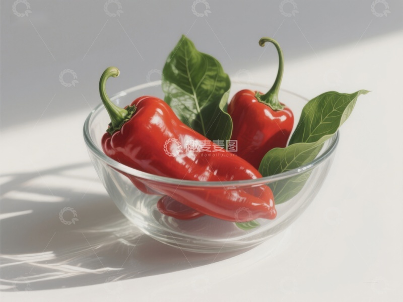 高清大图下载【趣麦麦图】玻璃碗中的红辣椒与绿叶