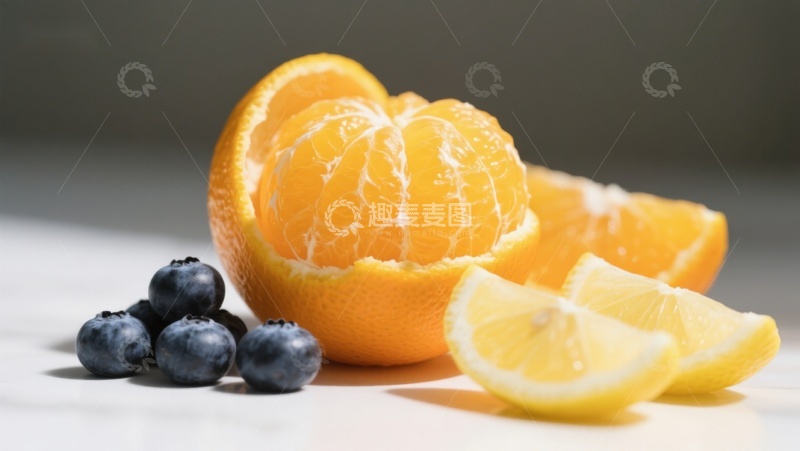 高清大图下载【趣麦麦图】新鲜水果组合：橙子、蓝莓与柠檬