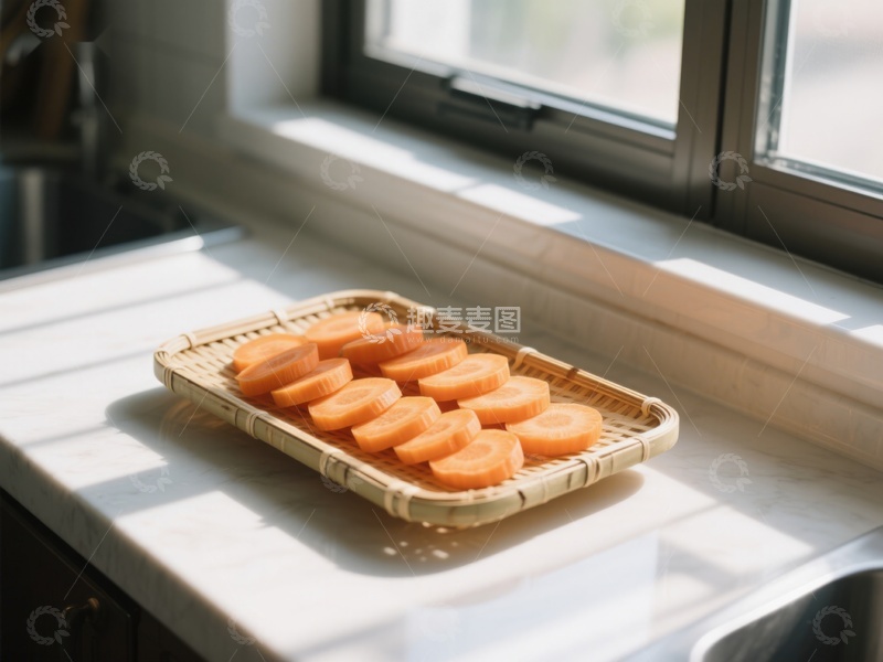 高清大图下载【趣麦麦图】窗边竹篮中的切片胡萝卜