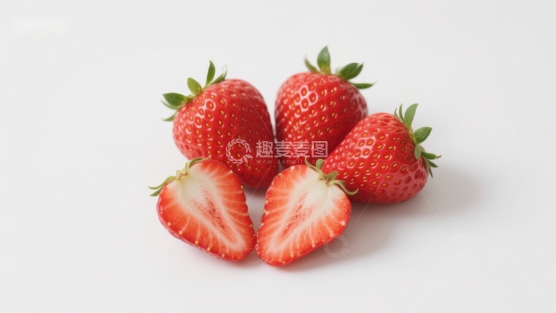 高清大图下载【趣麦麦图】新鲜草莓特写，白色背景