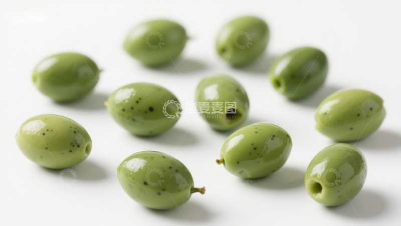 高清大图下载【趣麦麦图】新鲜绿色橄榄散落白色背景