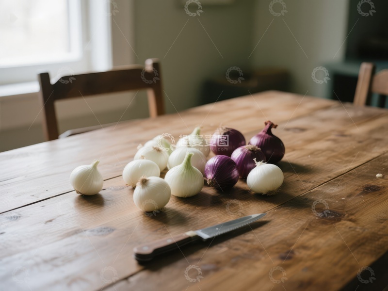 高清大图下载【趣麦麦图】木桌上的洋葱与刀具