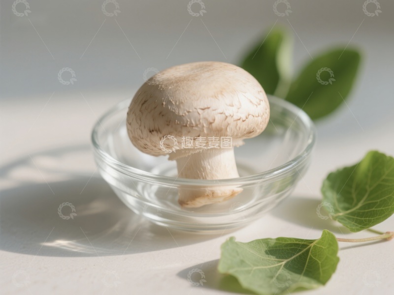 高清大图下载【趣麦麦图】玻璃碗中的蘑菇与绿叶
