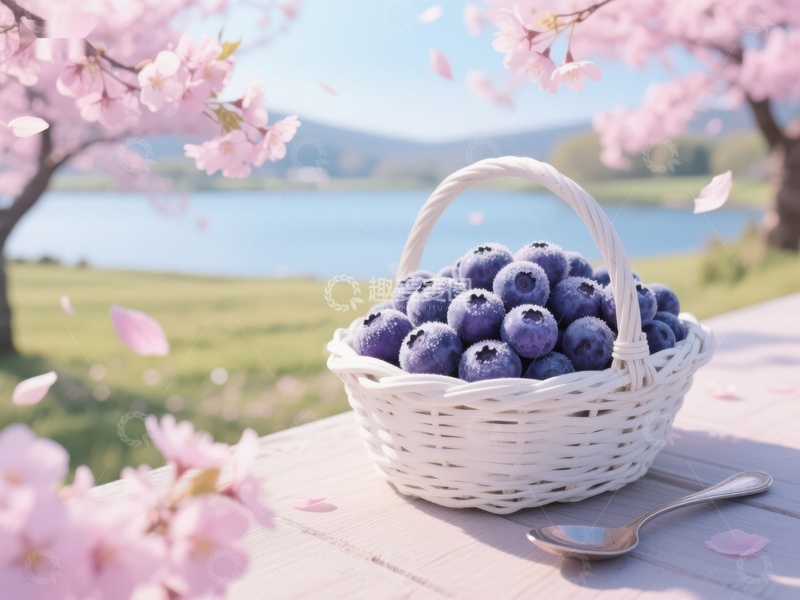 高清大图下载【趣麦麦图】蓝莓篮子与樱花树下的宁静春景