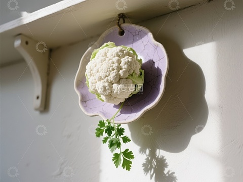花椰菜置于紫色碗中，阳光洒落