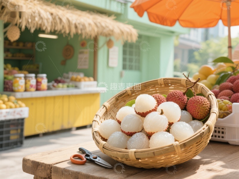 高清大图下载【趣麦麦图】新鲜荔枝与水果摊位