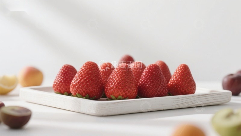 高清大图下载【趣麦麦图】新鲜草莓整齐排列在白色托盘上