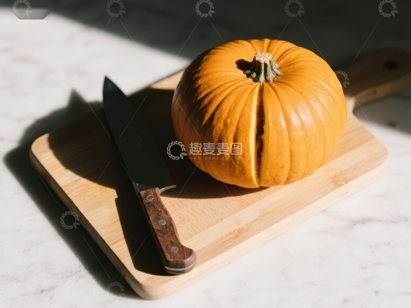 高清大图下载【趣麦麦图】南瓜与刀置于砧板上