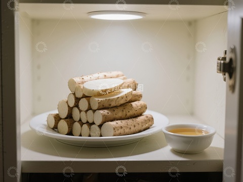 盘中整齐摆放的山药与小碟调料