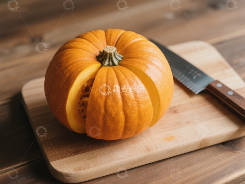高清大图下载【趣麦麦图】切开的南瓜置于砧板上