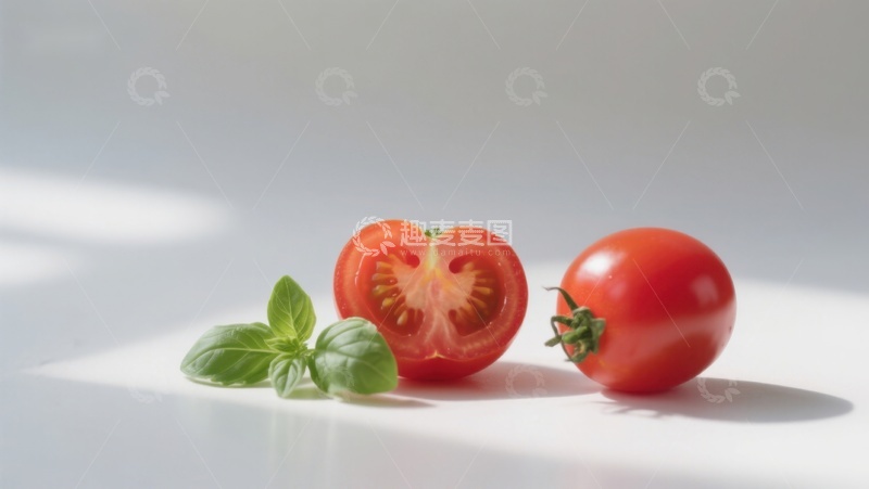 高清大图下载【趣麦麦图】新鲜番茄与罗勒叶的静物组合