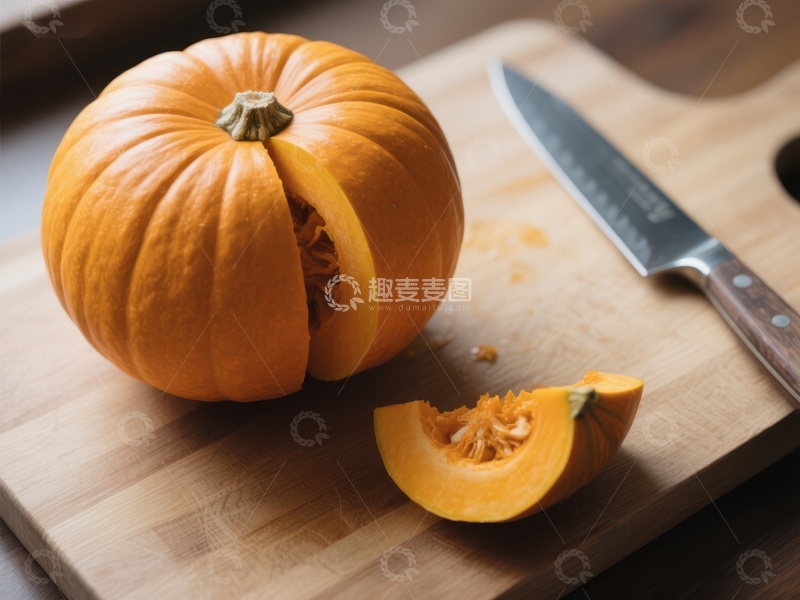 高清大图下载【趣麦麦图】切开的南瓜放在砧板上