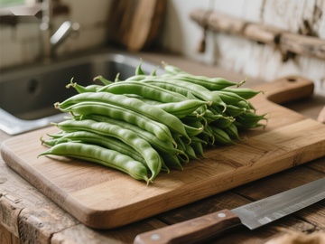 新鲜四季豆置于木质砧板上