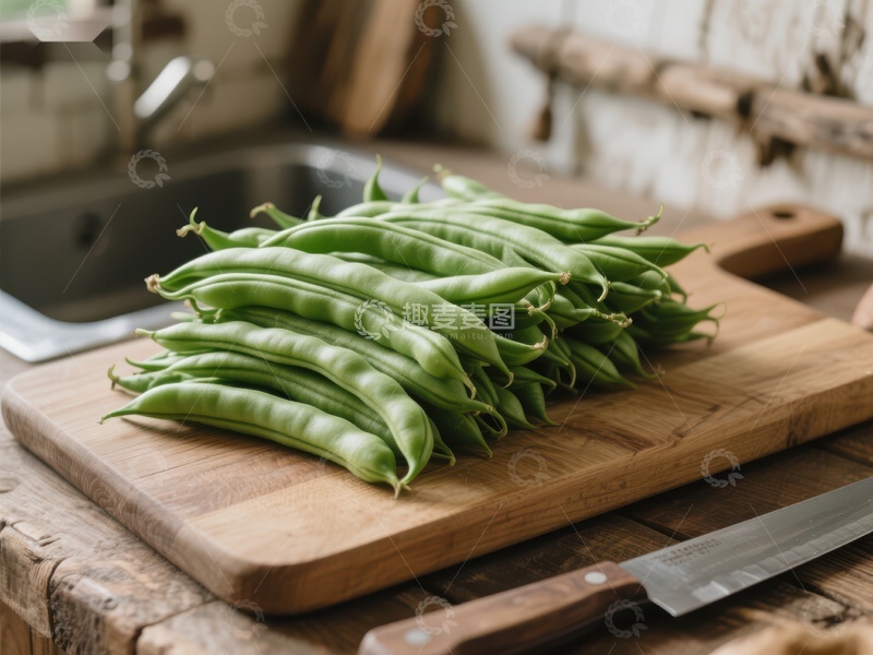 新鲜四季豆置于木质砧板上