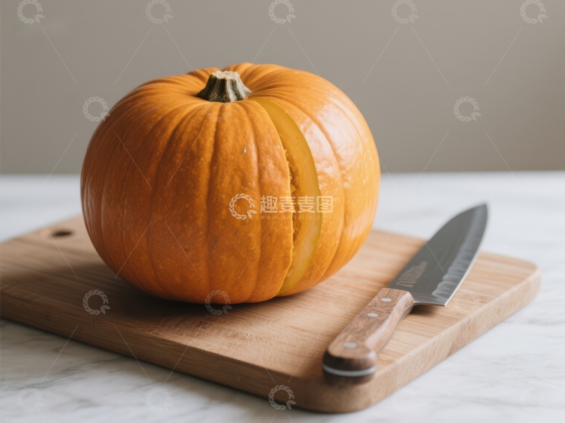 高清大图下载【趣麦麦图】南瓜置于砧板上，旁配刀具