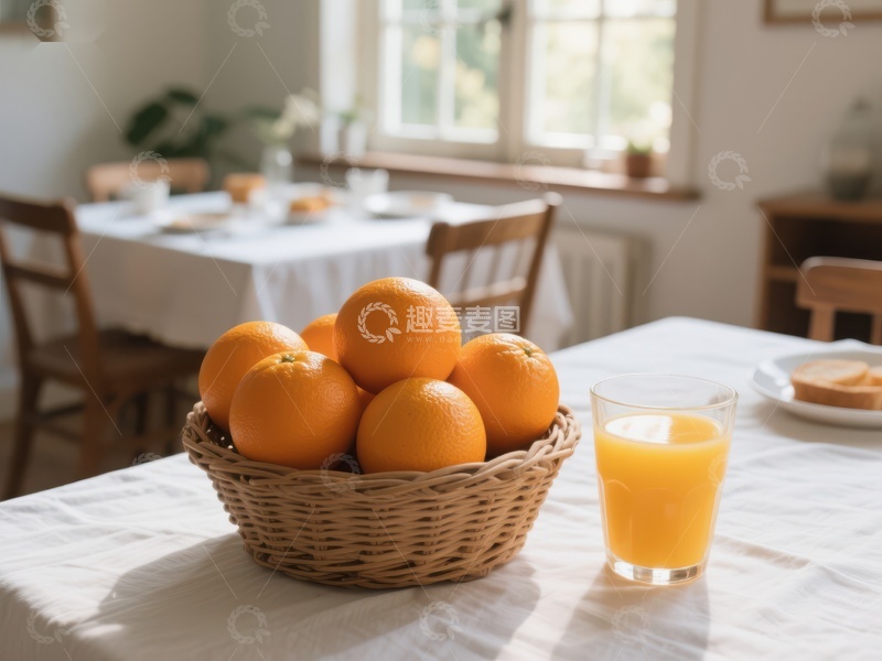 高清大图下载【趣麦麦图】橙子与果汁的温馨早餐场景
