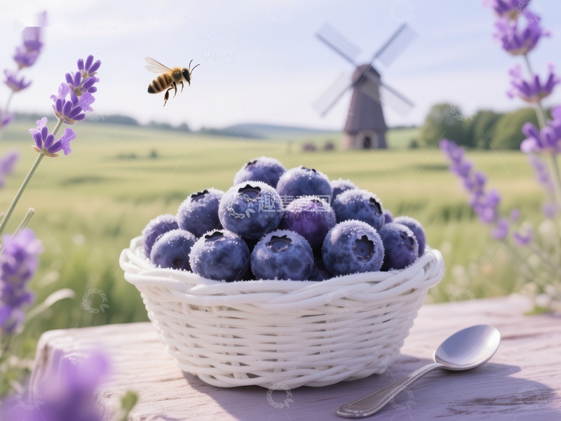 蓝莓篮与蜜蜂，风车背景
