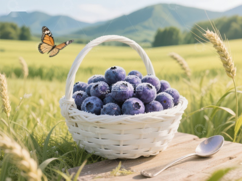高清大图下载【趣麦麦图】蓝莓篮子与蝴蝶田野风光