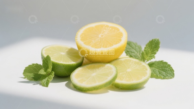 高清大图下载【趣麦麦图】柠檬与青柠切片配薄荷叶