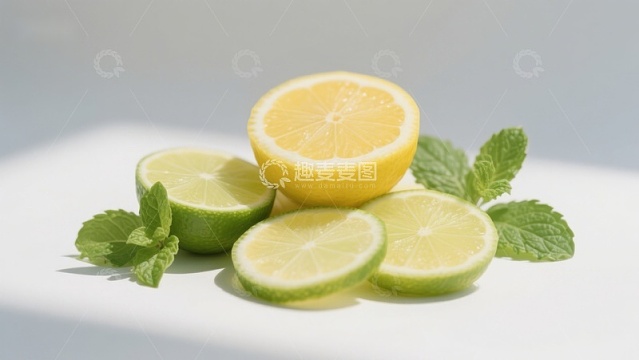 柠檬与青柠切片配薄荷叶