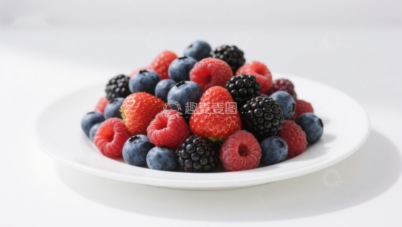 高清大图下载【趣麦麦图】新鲜浆果堆叠在白色盘中