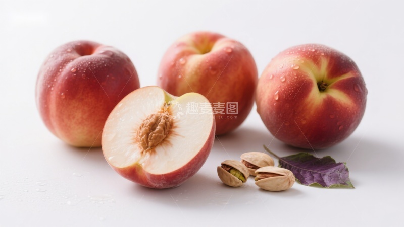 高清大图下载【趣麦麦图】新鲜桃子与果核的静物展示