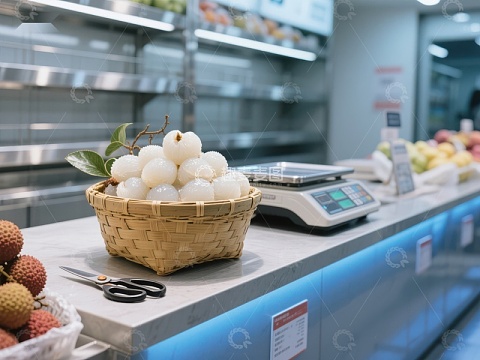 超市水果区的荔枝与秤