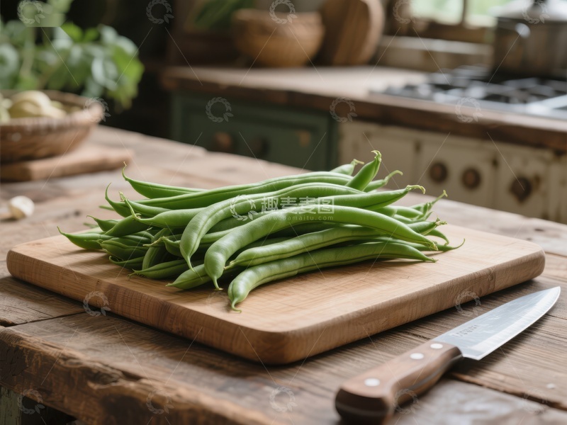 高清大图下载【趣麦麦图】新鲜四季豆置于木质砧板上