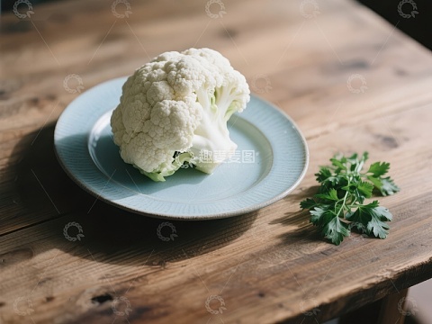 新鲜花椰菜置于木质桌上的浅盘中